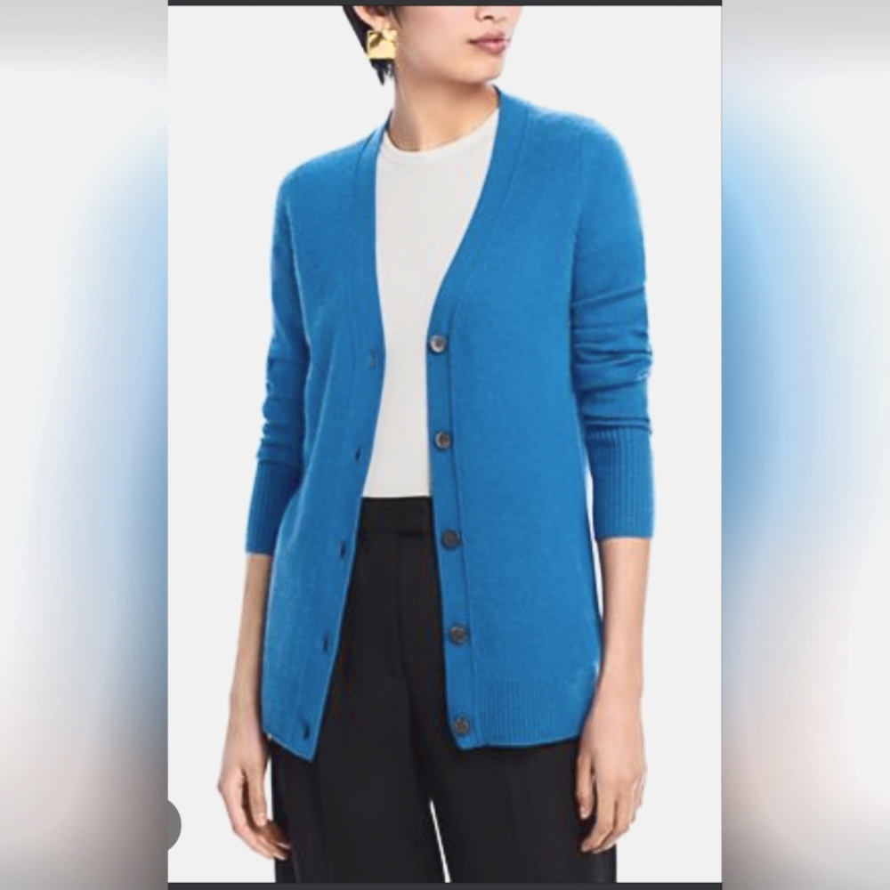 C by Bloomingdale's Cashmere Grandfather Cardigan Sweater Blue Suze Large NEW